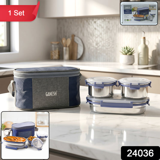 Ganesh Neo Fusion 3 stainless steel lunch box set by Wukusy, showing three sleek, durable containers with secure lids for meal storage.