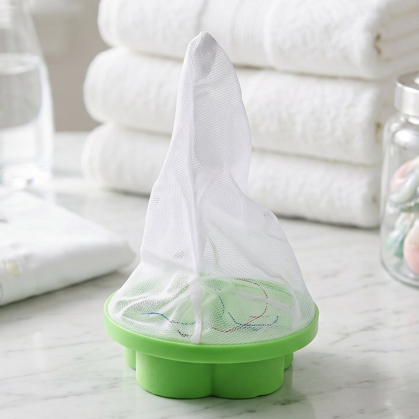 Wukusy washing machine floating hair lint catcher with reusable mesh flower filter, designed to trap hair and debris during laundry.