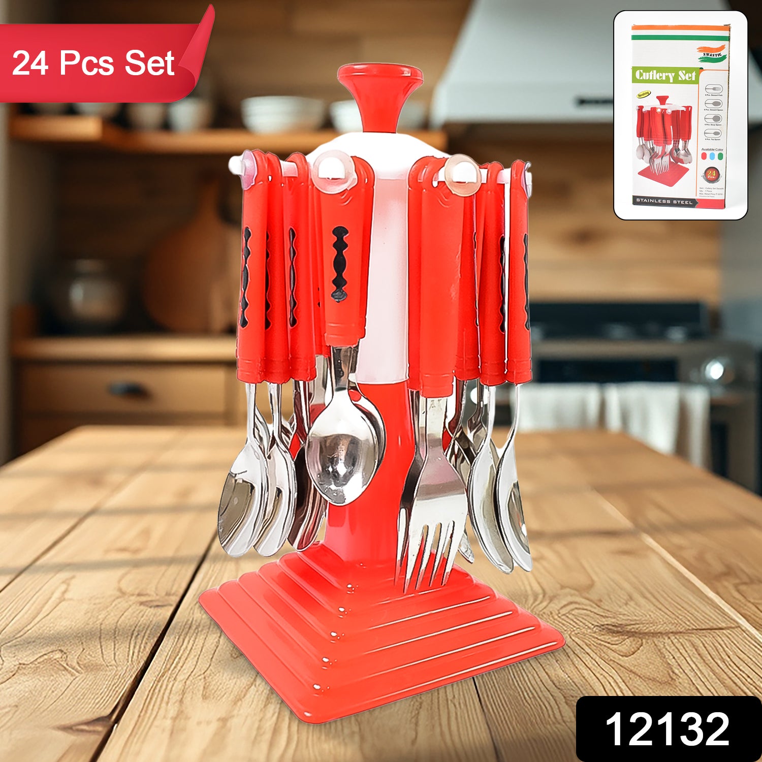 Wukusy 24-piece stainless steel cutlery set with stand, including knives, forks, and spoons for dining table use.
