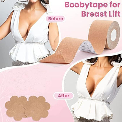 Wukusy Boob Tape with nipple covers, wide cotton breast lifting tape for natural push-up lift, suitable for all breast types.
