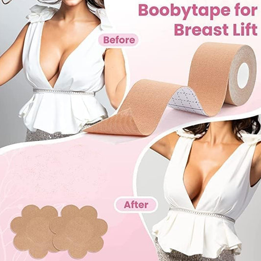 Wukusy Boob Tape with nipple covers, wide cotton breast lifting tape for natural push-up lift, suitable for all breast types.