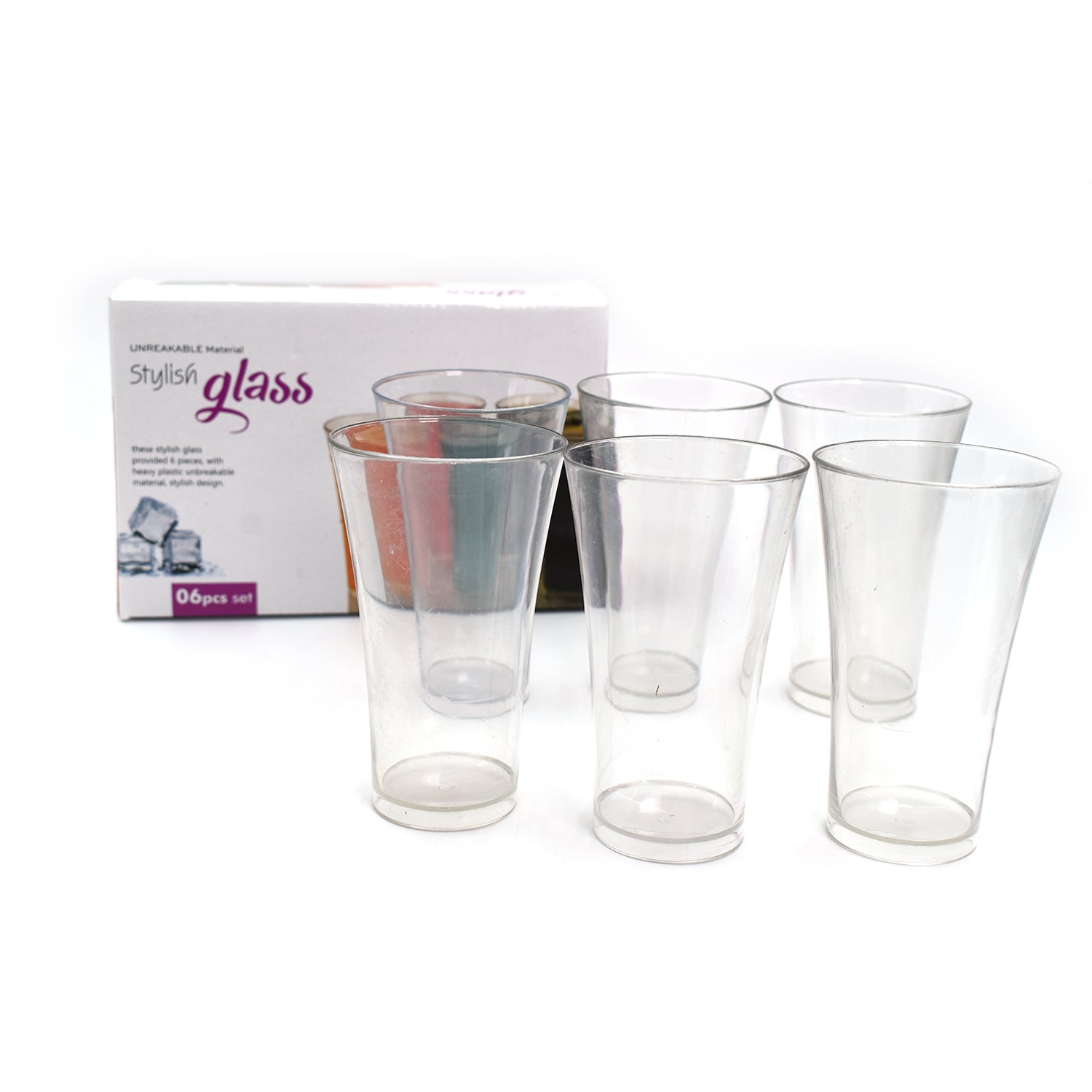 Set of 6 transparent Wukusy drinking glasses for juice and water, showcasing clear glass design with smooth rounded rims.
