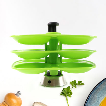 Wukusy 5346 three-layer idli stand for holding and serving idlis in household kitchens, made of durable material.
