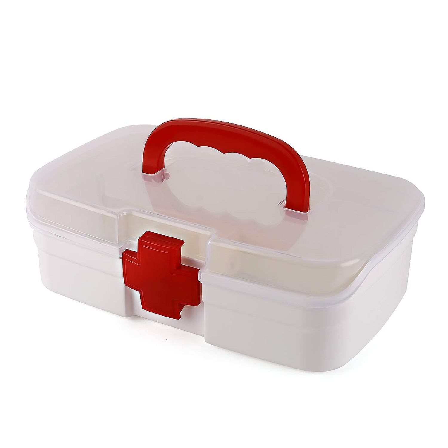 Wukusy 3-compartment medical box with transparent lid, detachable tray, handle, for indoor outdoor use, ideal for first aid and medicine storage.