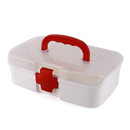 Wukusy 3-compartment medical box with transparent lid, detachable tray, handle, for indoor outdoor use, ideal for first aid and medicine storage.