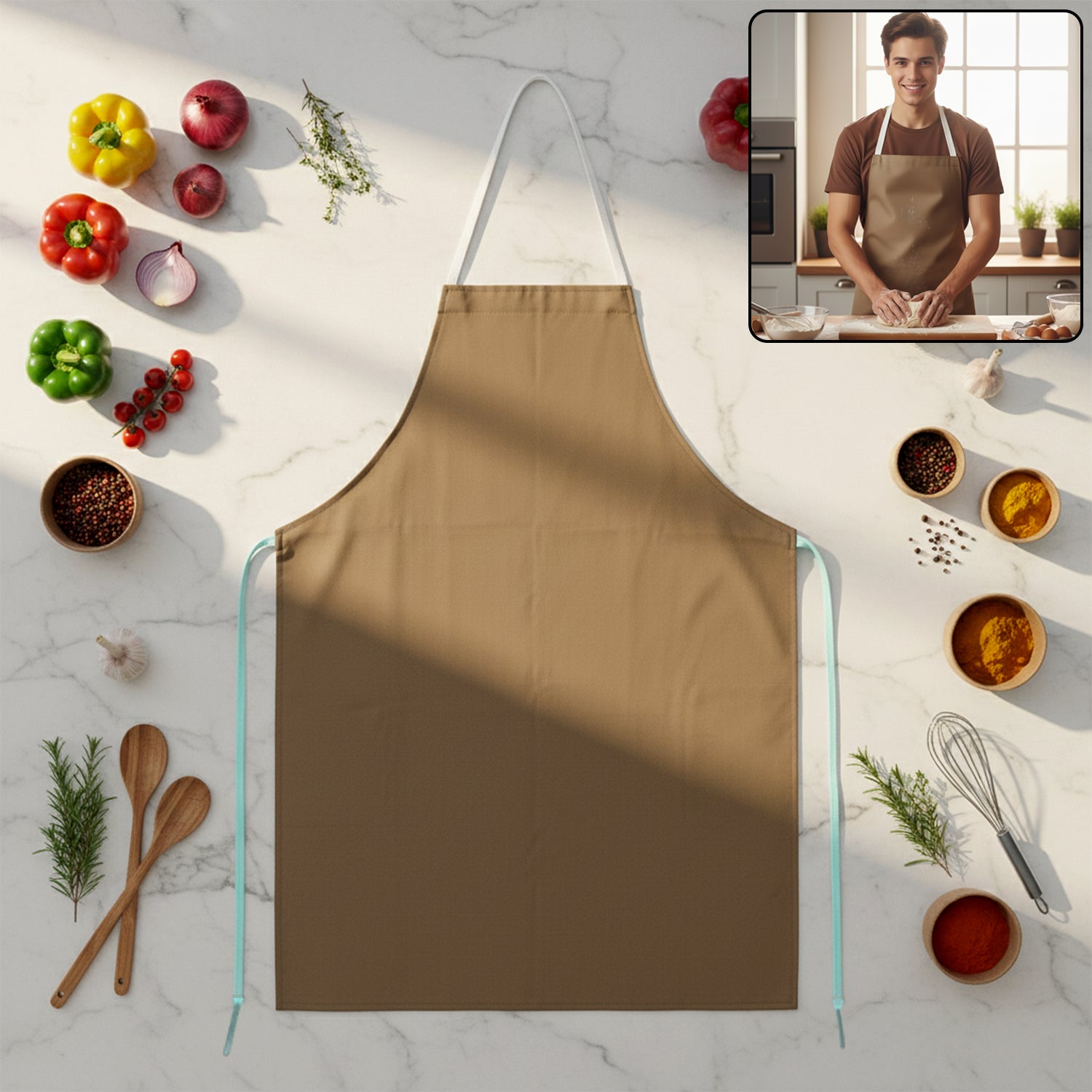 Wukusy premium full-cover chef apron in black, with adjustable neck strap and front pocket, designed for professional cooking.