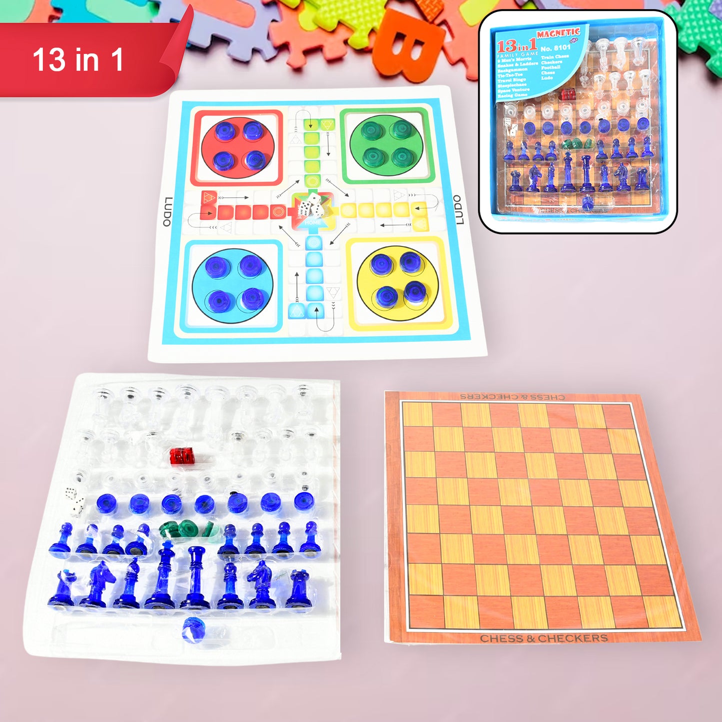 Wukusy 13-in-1 family board game set with chess, snakes and ladders, Ludo, Tic-tac-toe, checkers, travel bingo, and more.