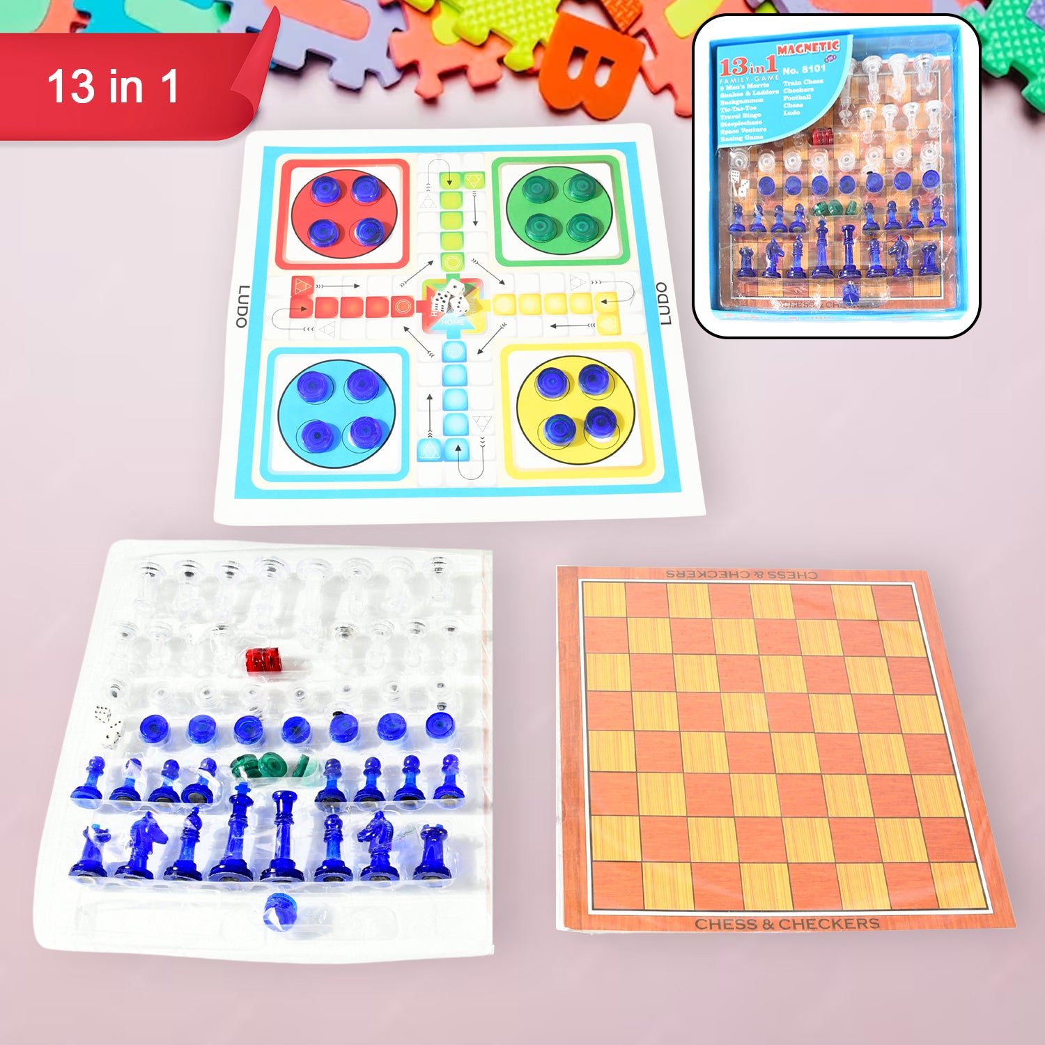 Wukusy 13-in-1 family board game set with chess, snakes and ladders, Ludo, Tic-tac-toe, checkers, travel bingo, and more.