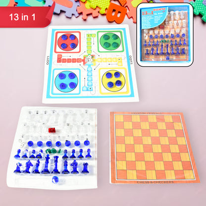 Wukusy 13-in-1 family board game set with chess, snakes and ladders, Ludo, Tic-tac-toe, checkers, travel bingo, and more.