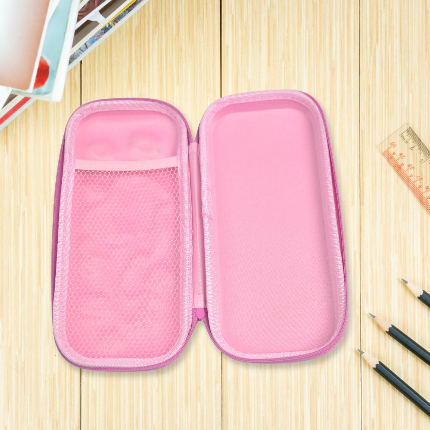 Wukusy 3D cartoon zipper compass box pencil case, colorful office pencil storage with zipper closure, featuring a fun cartoon design.