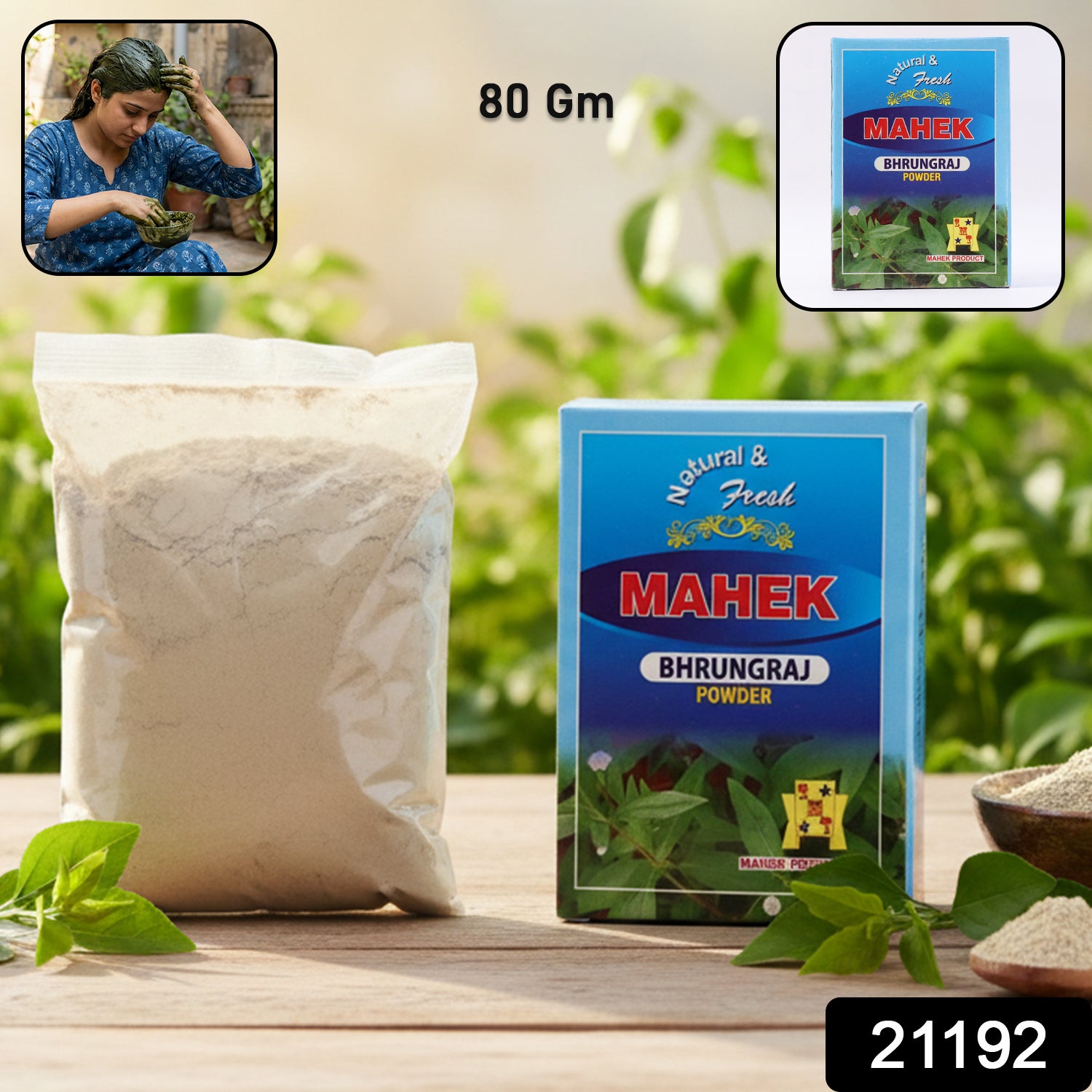 Wukusy natural Bhringraj powder for traditional hair care, showing a bowl of green powder and dried Bhringraj leaves.