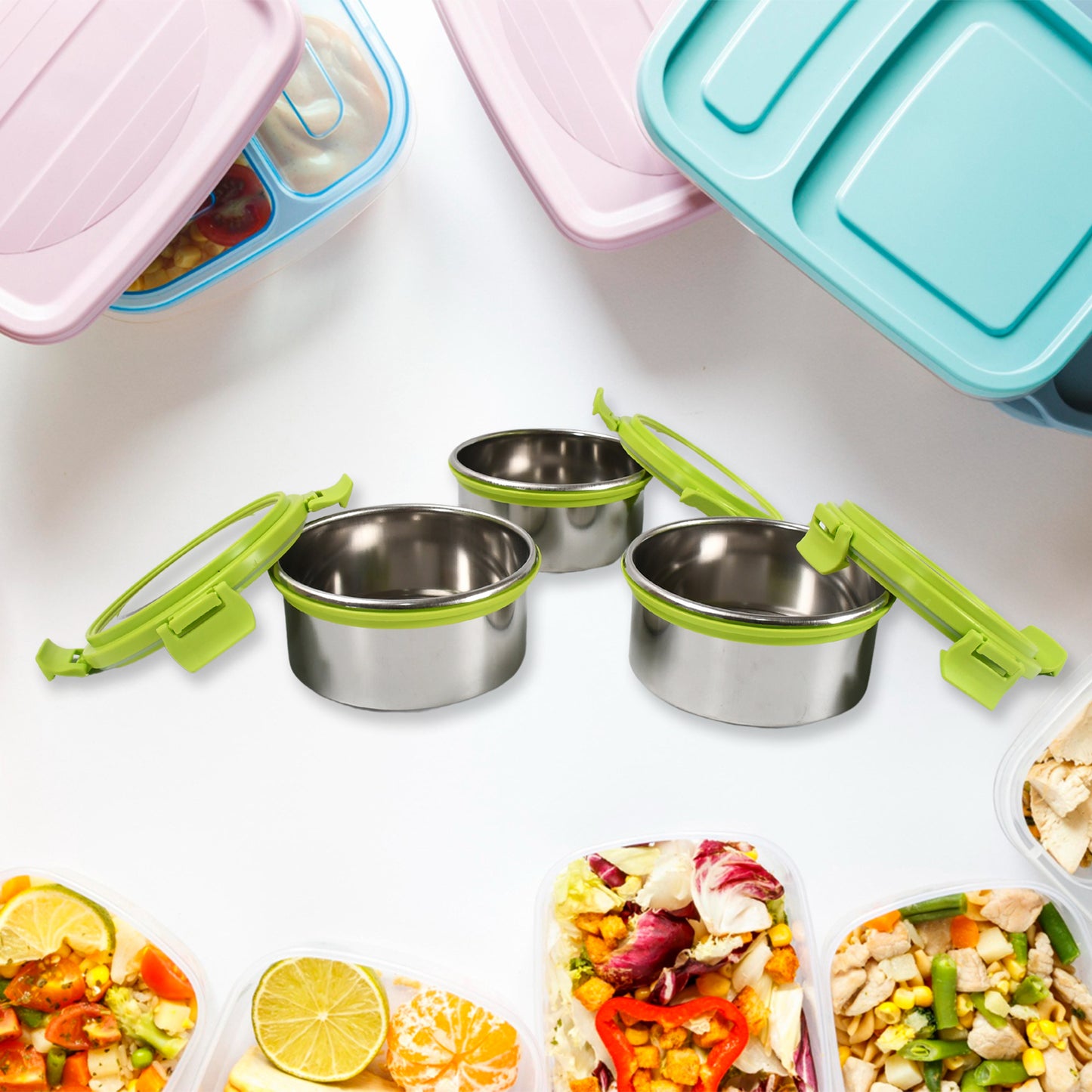 Wukusy stainless steel tiffin lunch box with four clip lock lids, air-tight, leak-proof container for office and school use.