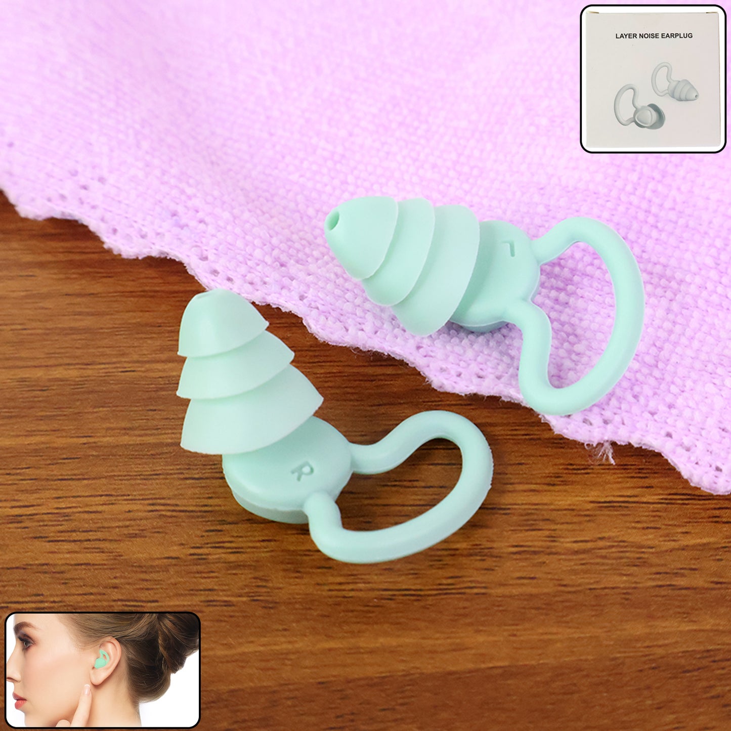 Pair of Wukusy premium layered silicone noise reduction earplugs for health care, designed for comfort and hearing protection.