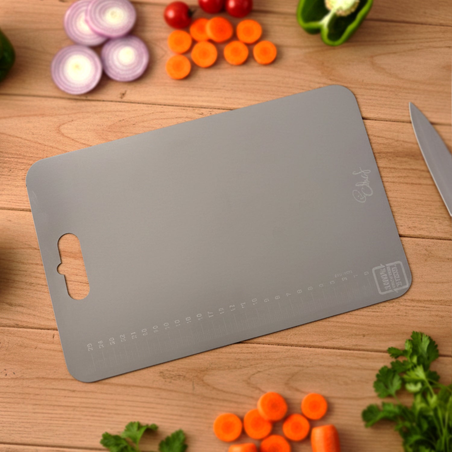Large stainless steel Wukusy chopping and cutting board with a polished surface for food prep and kitchen use