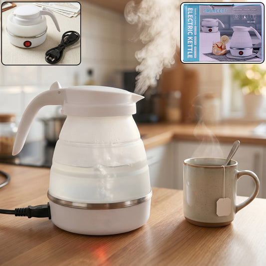 Wukusy collapsible travel electric kettle, 600ml foldable silicone water boiler, compact and portable for travel.