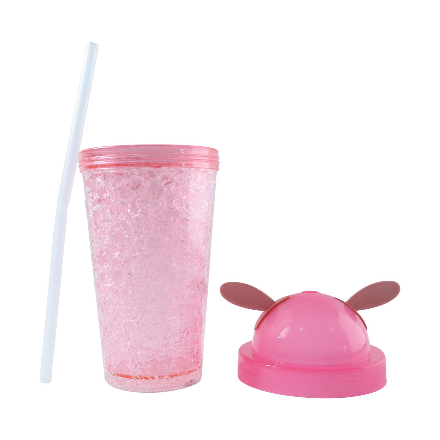 Wukusy cute bunny ear design tumbler sipper bottle, 500ml, with playful bunny ear lid and clear body for beverages.