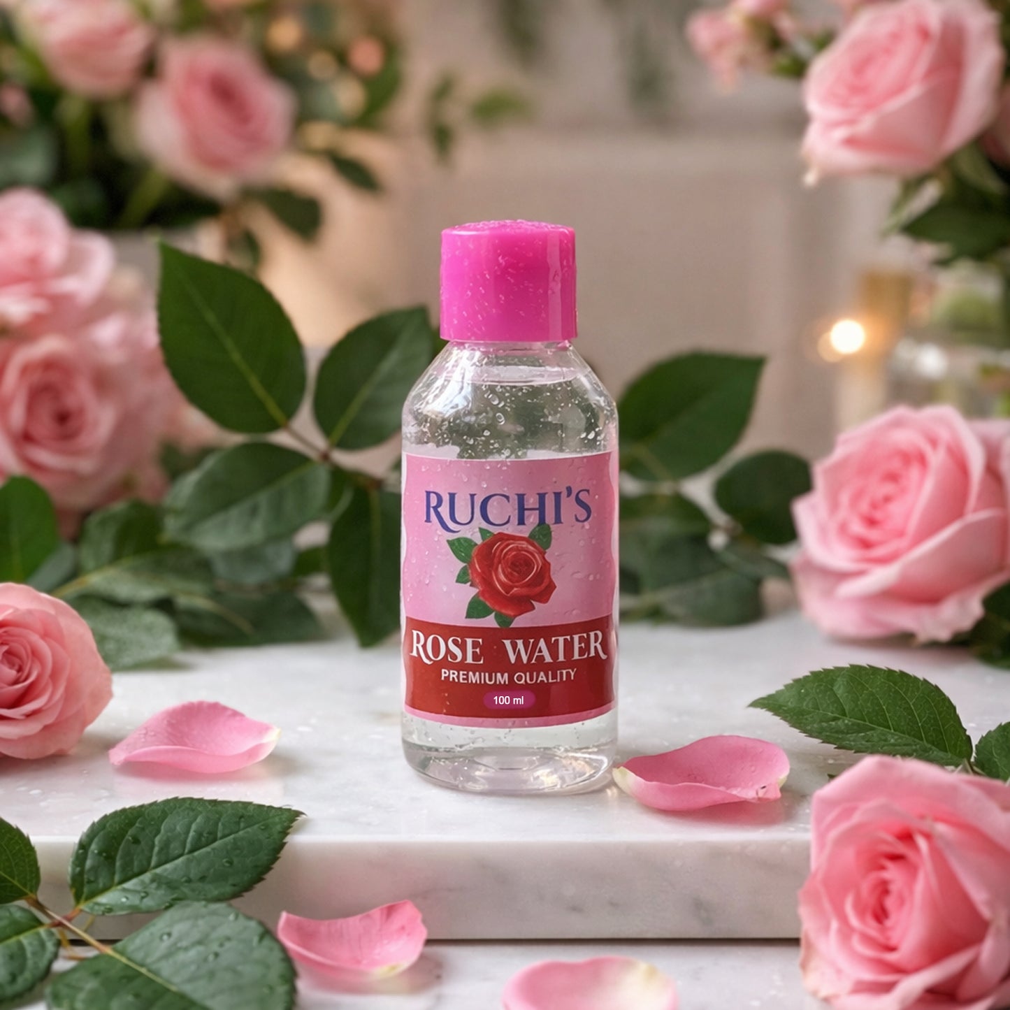 Wukusy premium rose water skin toner and face mist in a 100ml spray bottle, featuring a clear liquid and floral packaging.