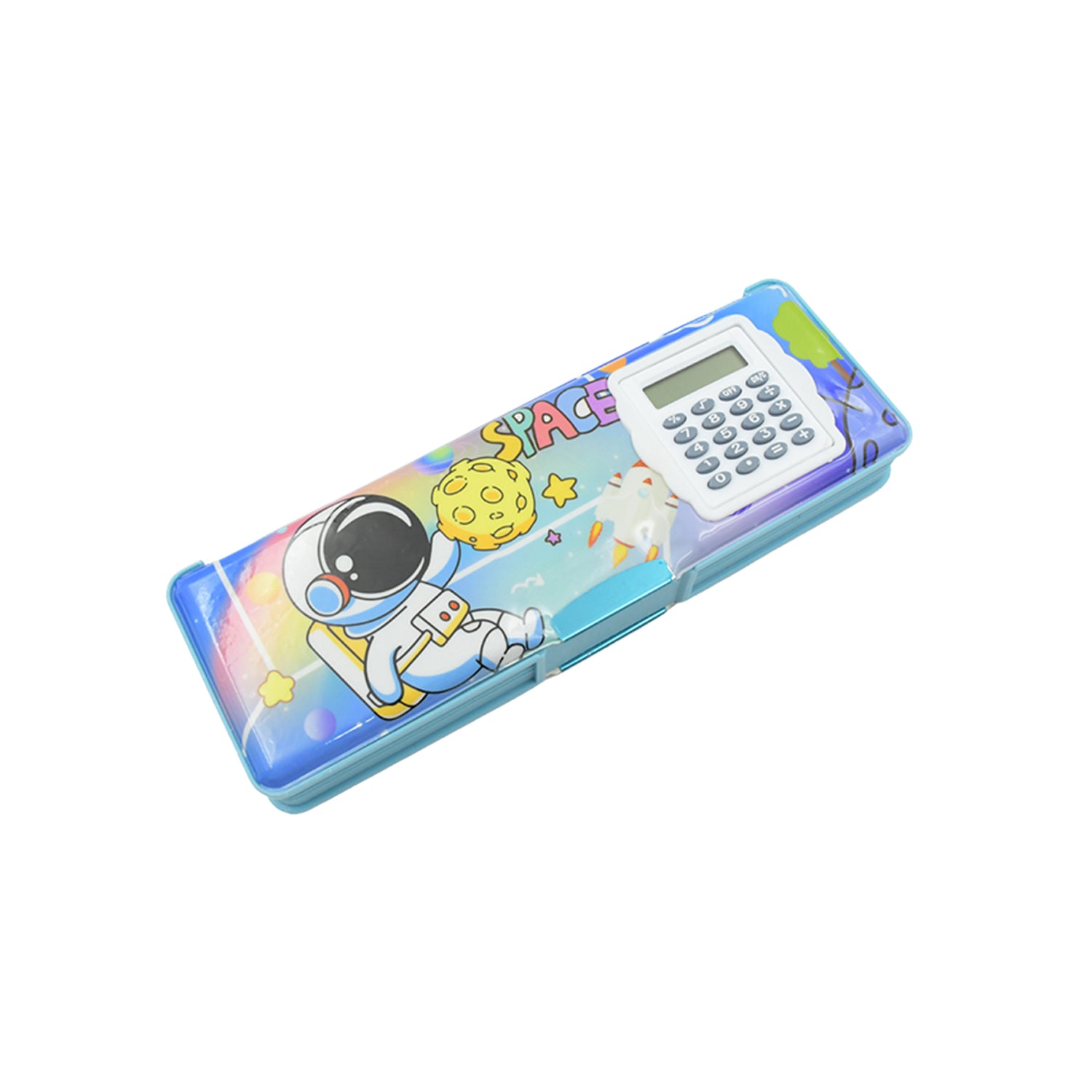 Wukusy double-sided magnetic geometry and pencil box with calculator, plastic art storage box for boys and girls.