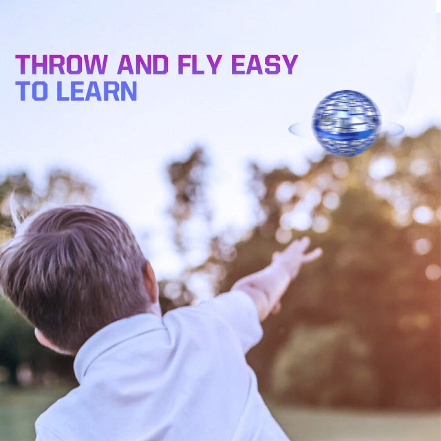 Wukusy Flying Ball toy with built-in RGB lights, 360° rotating, mini boomerang design, USB rechargeable, spinning magic orb.