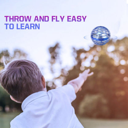 Wukusy Flying Ball toy with built-in RGB lights, 360° rotating, mini boomerang design, USB rechargeable, spinning magic orb.