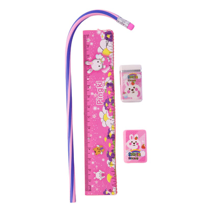 Wukusy 4-in-1 pink stationery set with ruler, pencil, eraser, and sharpener arranged on a white background.
