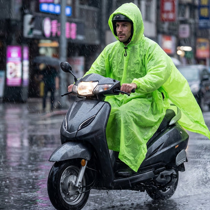 Wukusy waterproof raincoat hooded long rain poncho for men and women, showing its adjustable hood and lightweight waterproof fabric.