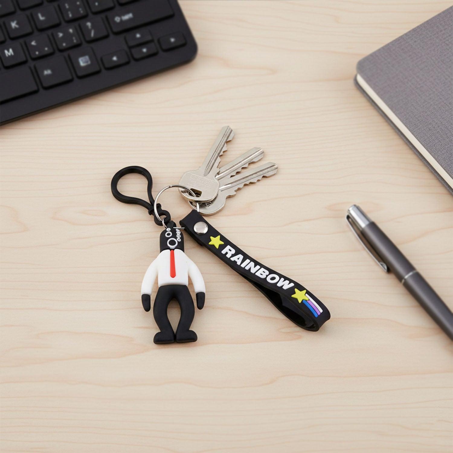 Wukusy cartoon man figure keychain featuring a colorful, playful design and detailed character illustration on a keyring.