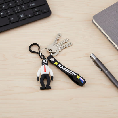 Wukusy cartoon man figure keychain featuring a colorful, playful design and detailed character illustration on a keyring.