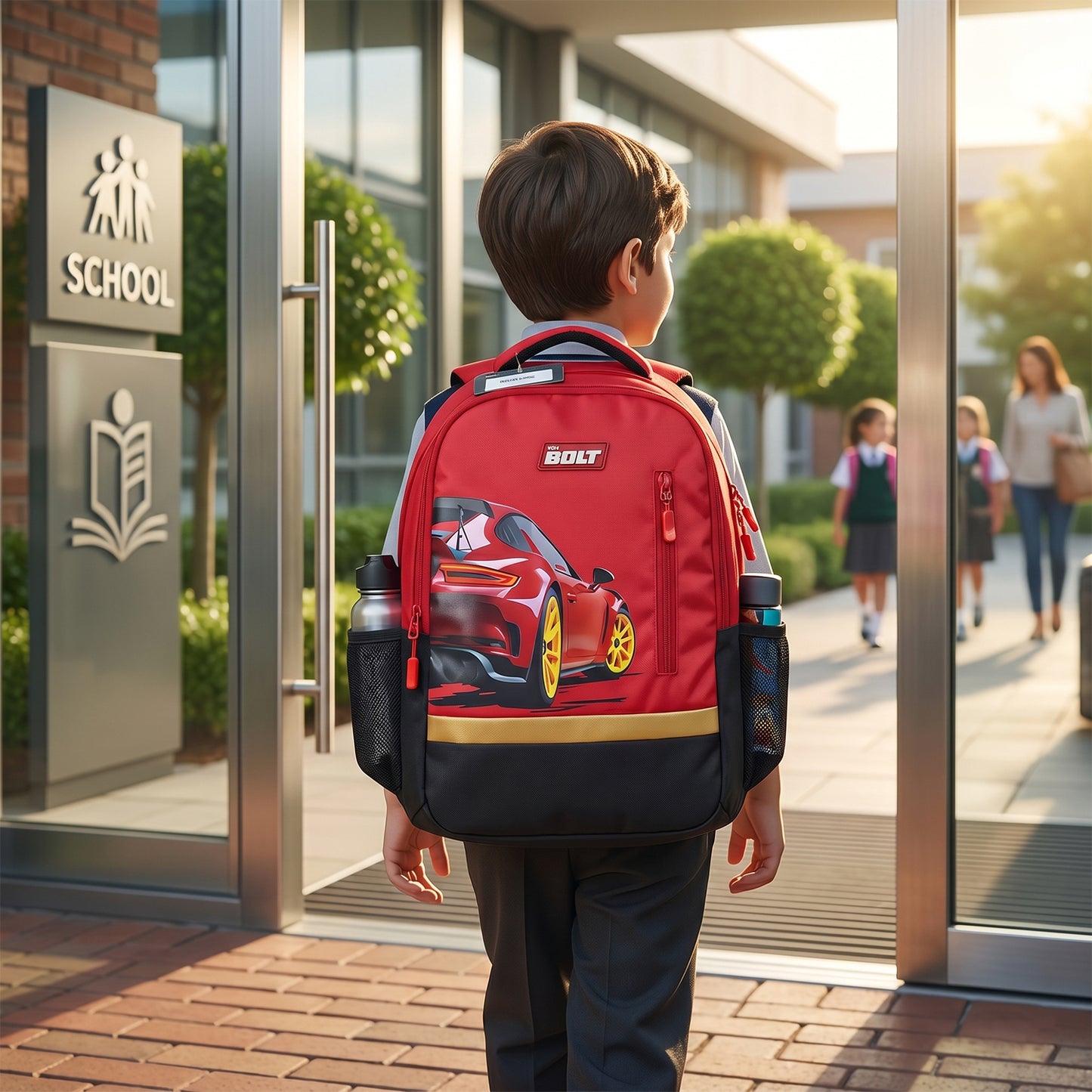 Wukusy 19-inch kids' school bag featuring colorful car design with adjustable straps and spacious main compartment