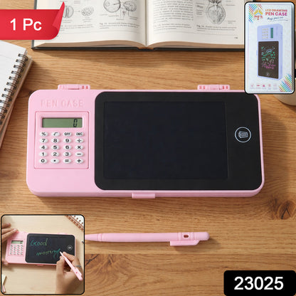 Wukusy LCD writing tablet with built-in calculator, featuring a sleek pencil case design and digital drawing surface.
