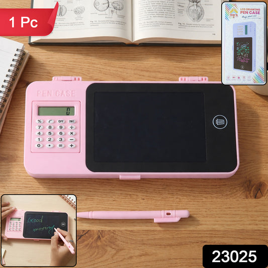 Wukusy LCD writing tablet with built-in calculator, featuring a sleek pencil case design and digital drawing surface.