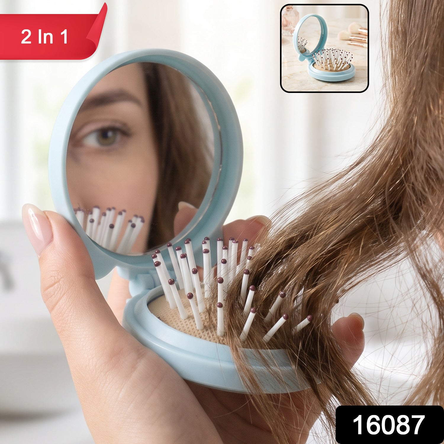 Wukusy 2-in-1 folding hair brush with mirror and compact design, suitable for travel, shown with open brush and mirror.