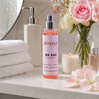Wukusy fragrance mist body spray with aloe vera gel, 100 ml, featuring a sleek bottle and refreshing floral scent