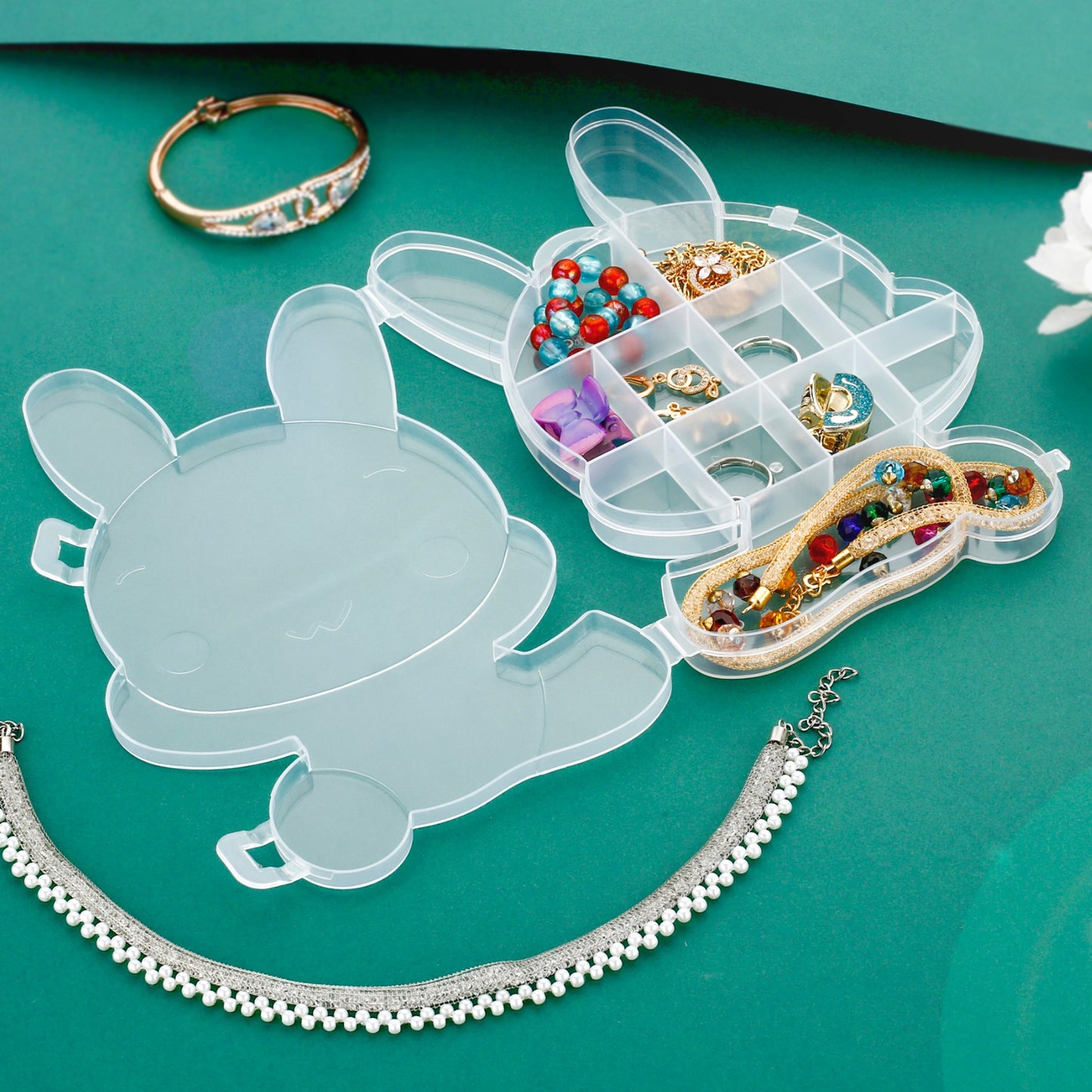 Clear plastic cartoon bear jewelry storage box by Wukusy, featuring compartments for organizing small jewelry and accessories.