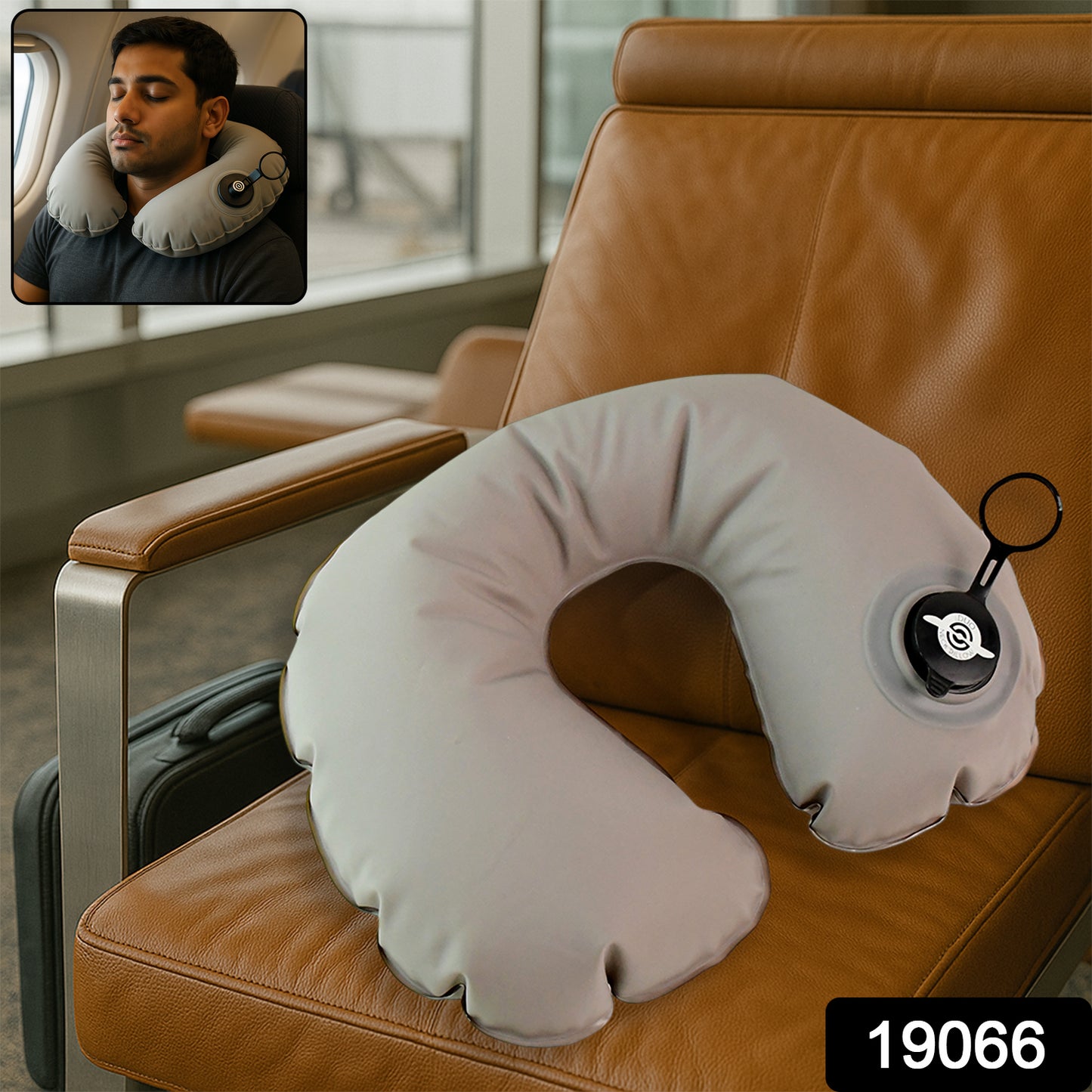 Wukusy premium inflatable travel neck pillow in light blue, designed for comfort and support during journeys.