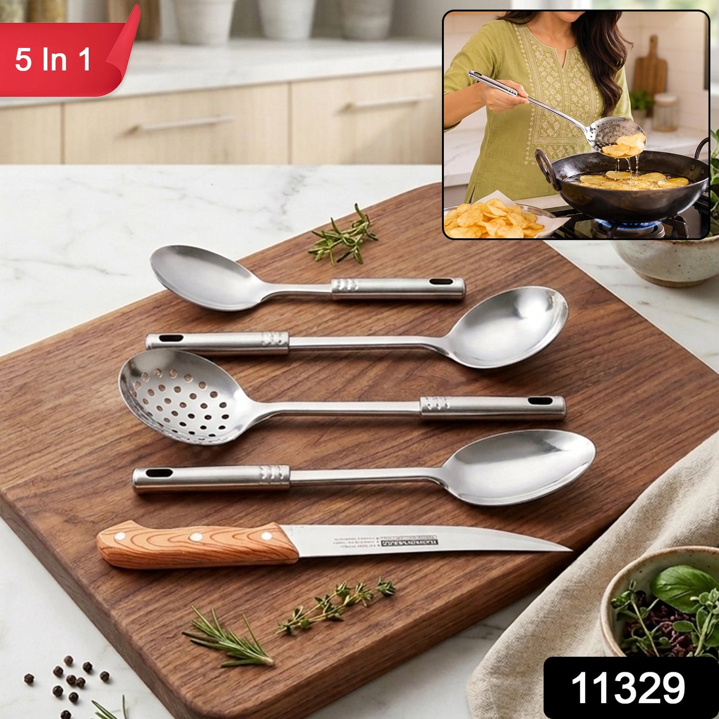 5-in-1 Stainless Steel Kitchenware Tool Set With Serving Spoons And Kitchen Knife