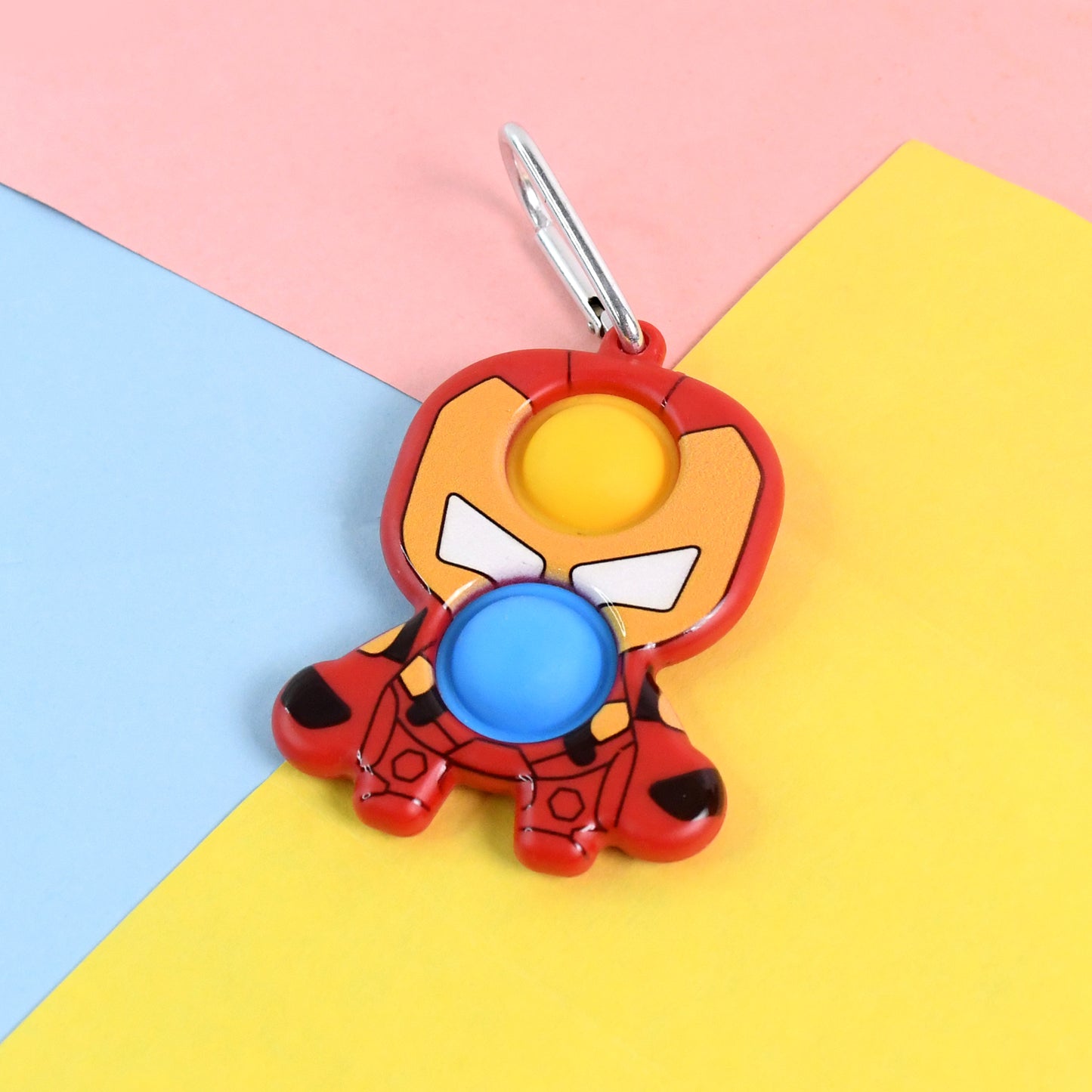 Wukusy Iron Man shape keychain pop it toy featuring a superhero design, colorful silicone fidget toy for stress relief and fun.