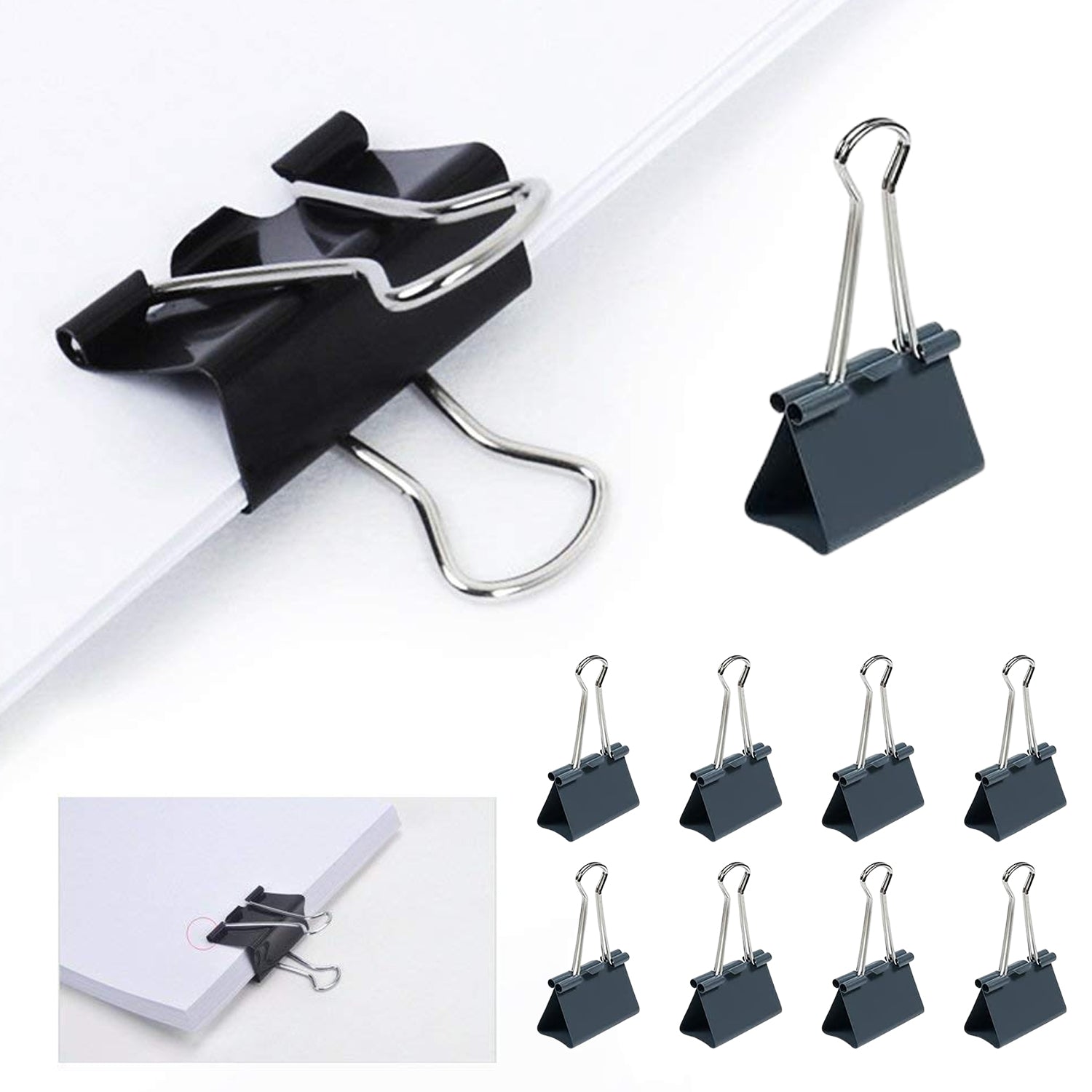 Set of 8 colorful Wukusy office paper clips and binder clips, mixed colors for organizing papers and documents.