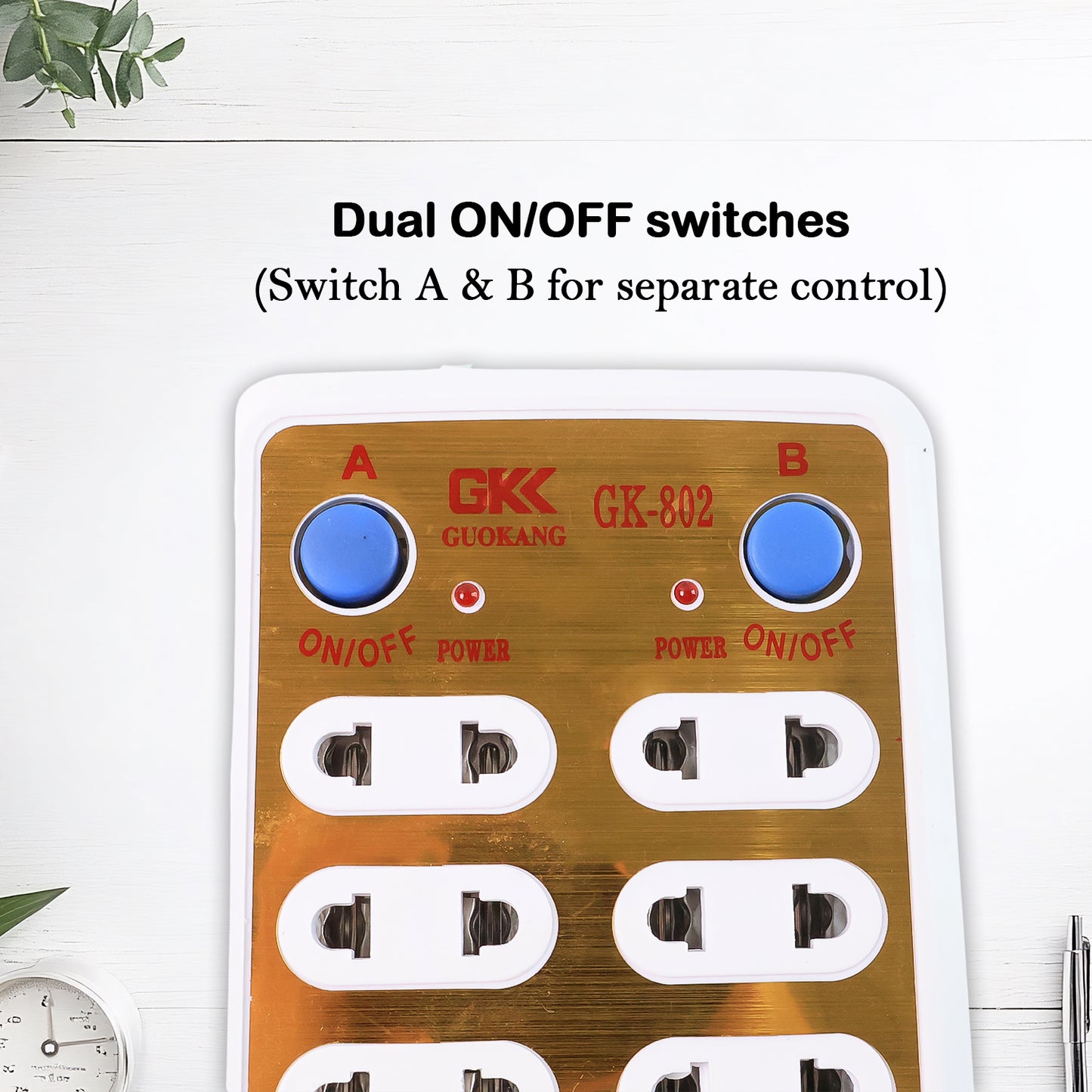 Wukusy 7422 220V 10-way office extension board with multiple power sockets and power switch, black plastic casing.