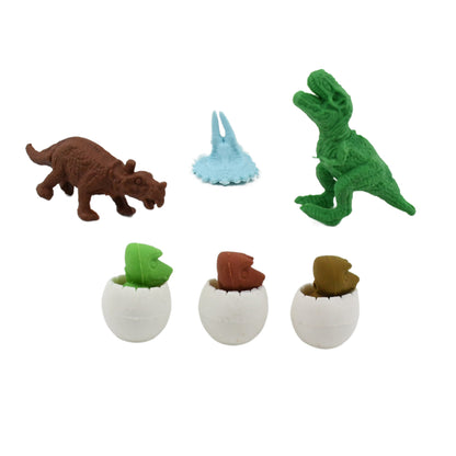 Set of 5 Wukusy dinosaur-shaped egg erasers, 3D mini erasers for kids, classroom prizes, desk toys, and party favors.