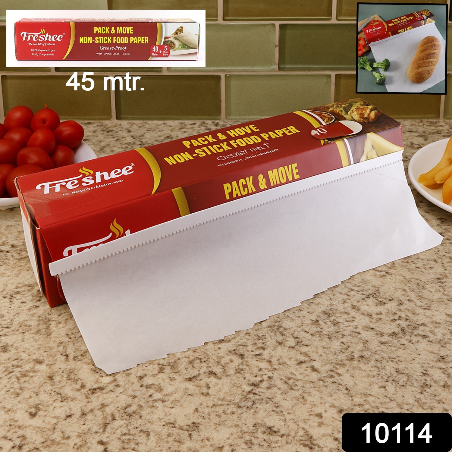 Wukusy Freshee Pack Move non-stick food paper roll, 45 meters total, used for food wrapping and kitchen baking.