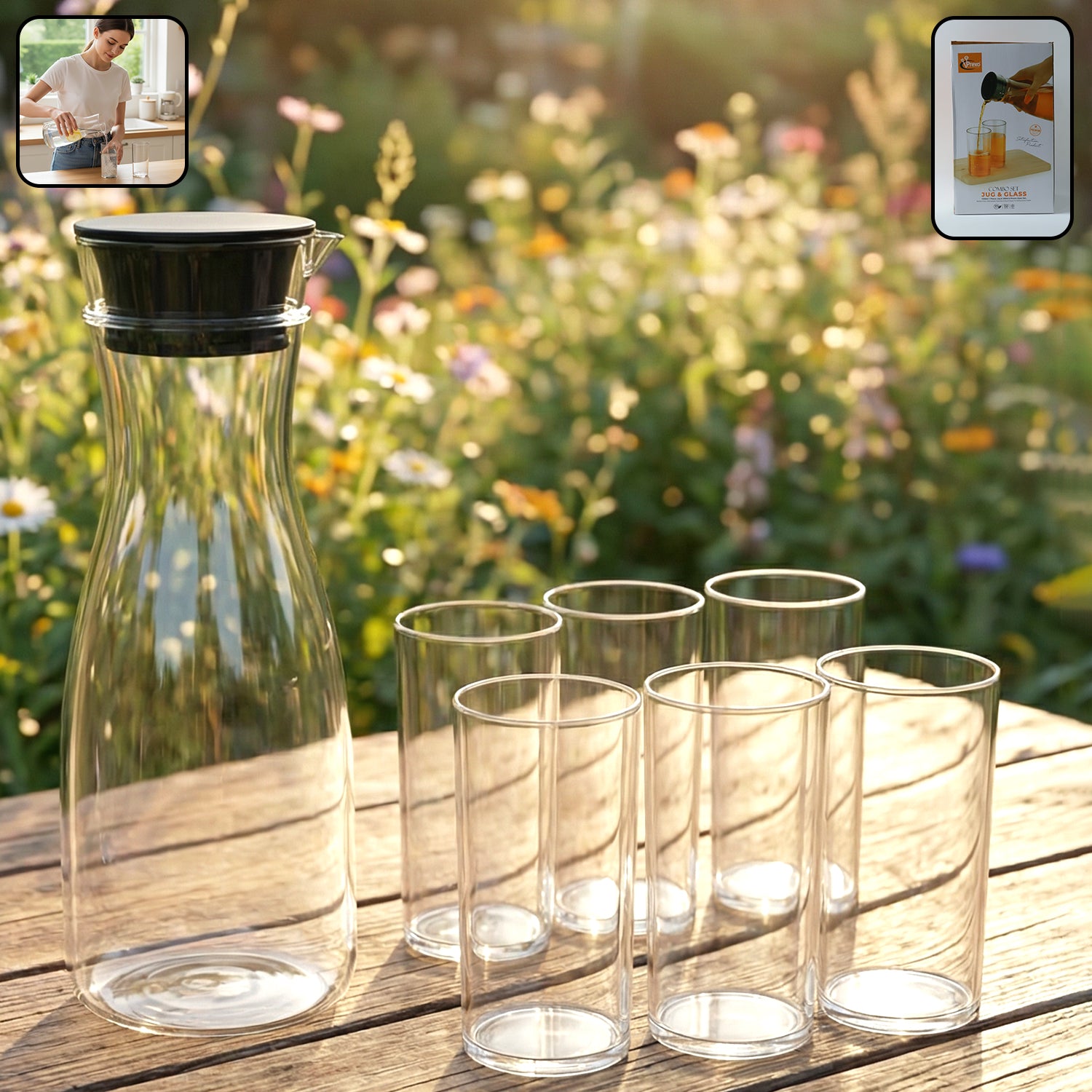 Wukusy Prexo plastic water jug (1000ml) and six 300ml drinking glasses arranged on a table for serving beverages.