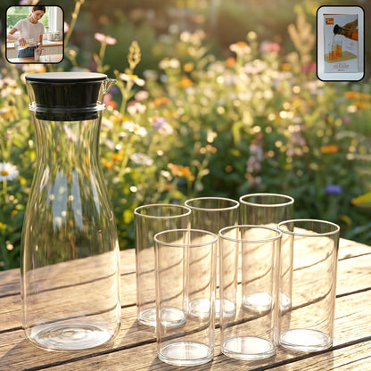 Wukusy Prexo plastic water jug (1000ml) and six 300ml drinking glasses arranged on a table for serving beverages.