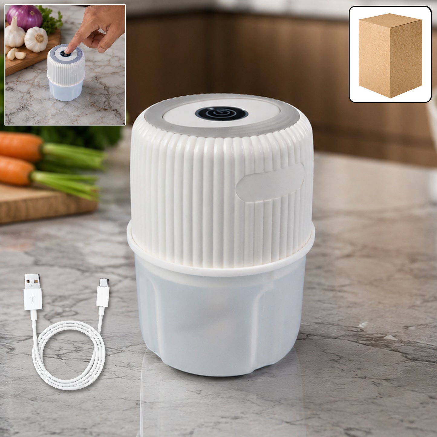 Wukusy USB rechargeable mini garlic chopper crusher with 300ml capacity, compact kitchen tool for garlic and herbs.
