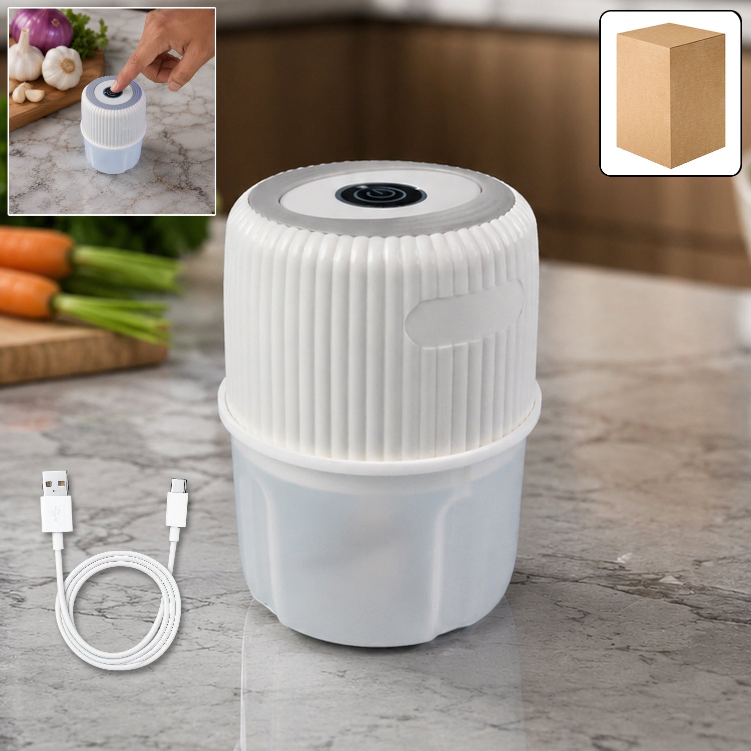 Wukusy USB rechargeable mini garlic chopper crusher with 300ml capacity, compact kitchen tool for garlic and herbs.