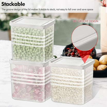 Six transparent square plastic food storage containers from Wukusy, stackable with secure lids for kitchen organization.