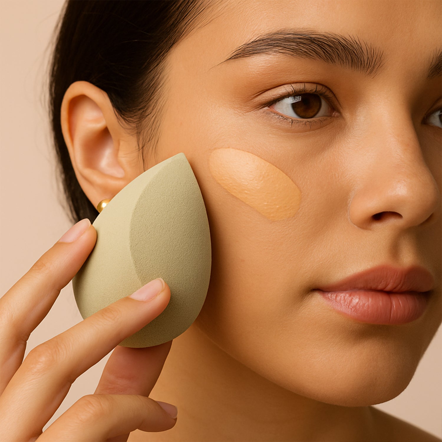 Multicolor Wukusy makeup sponge for blending liquid foundations, powders, and creams, displayed on a clean background.