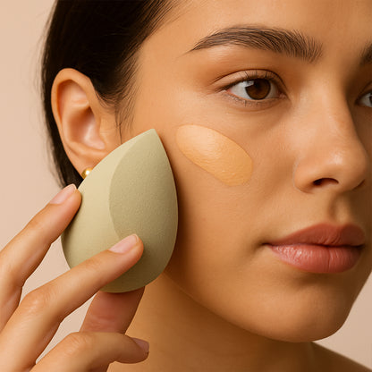 Multicolor Wukusy makeup sponge for blending liquid foundations, powders, and creams, displayed on a clean background.