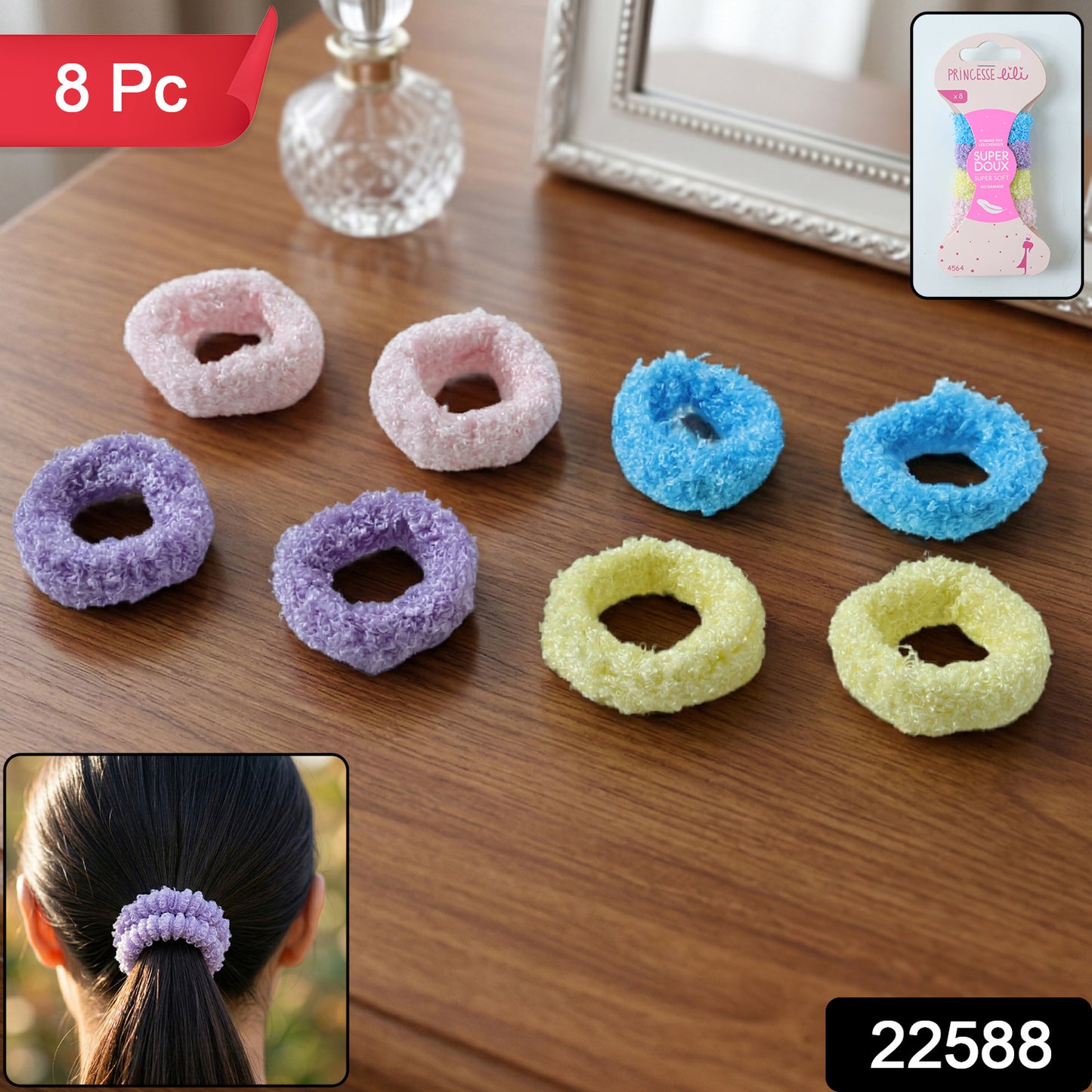 Set of 8 soft terry elastic hair bands by Wukusy, shown in various colors, designed for gentle hold and comfort.