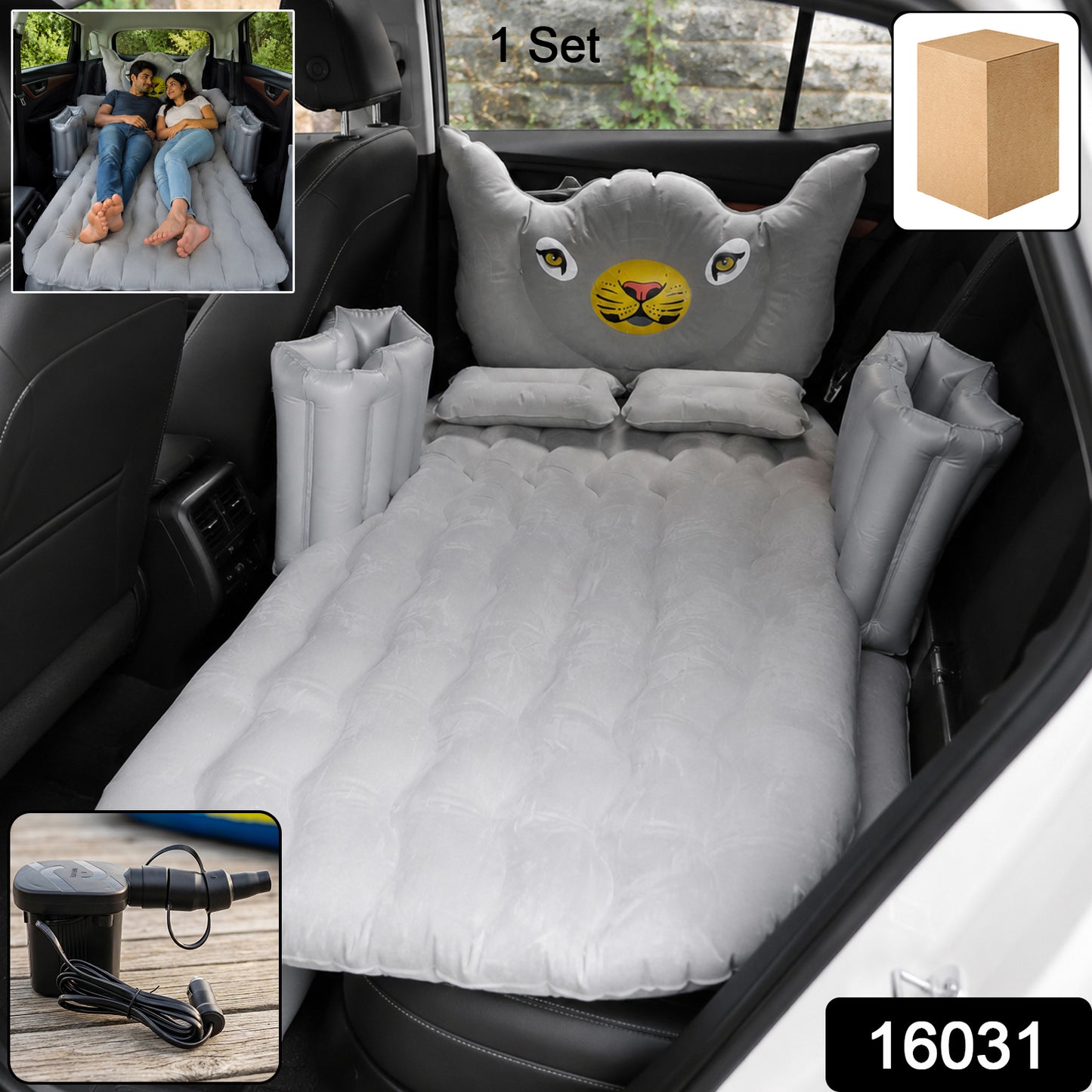 Wukusy car air mattress bed set with inflatable pillow, cushions, and air pump shown fully inflated on a vehicle interior.
